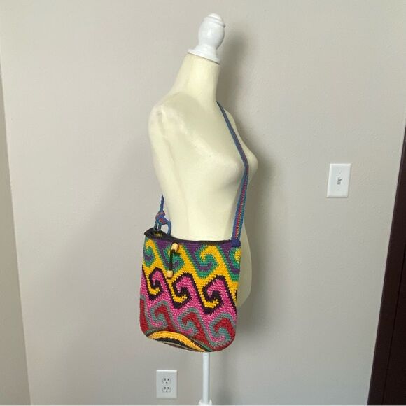 Women's Boho Artisanal Colorful Crochet/Knit Crossbody Bag W/ Drawstring Closure - Picture 3 of 15
